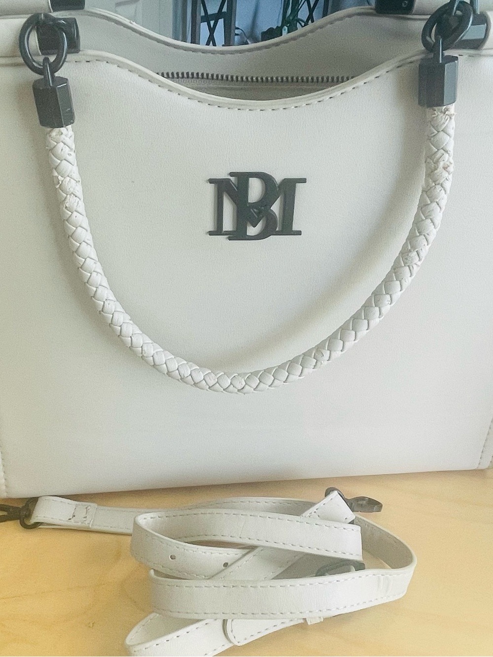 White Braided-Handle Crossbody Bag with Metal Logo